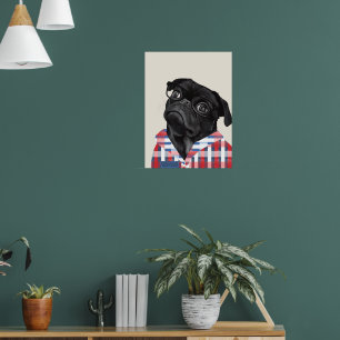 Cute Black Pug Dog With Glasses And Check Shirt Poster