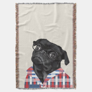 Cute Black Pug Dog With Glasses And Check Shirt Throw Blanket