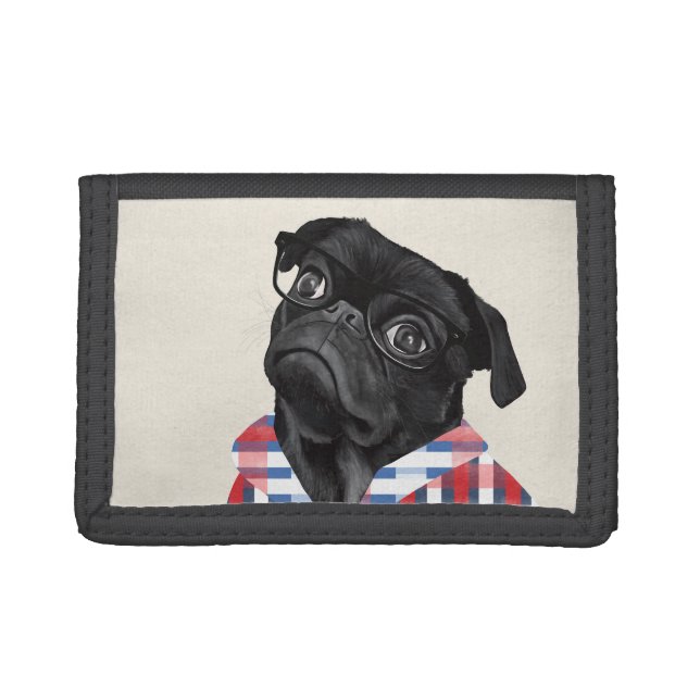Cute Black Pug Dog With Glasses And Check Shirt Trifold Wallet (Front)