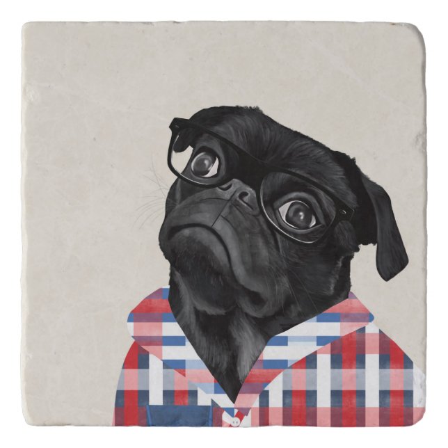 Cute Black Pug Dog With Glasses And Check Shirt Trivet (Front)