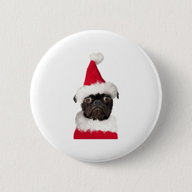 Cute Black Pug in Christmas Santa Hat   Button (Front)