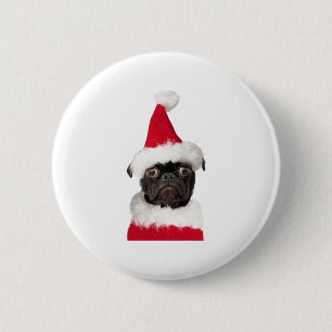 Cute Black Pug in Christmas Santa Hat   Button