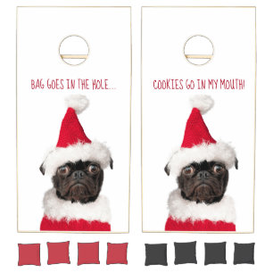 Cute Black Pug in Christmas Santa Hat Cornhole Set