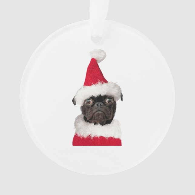 Cute Black Pug in Christmas Santa Hat   Ornament (Front)