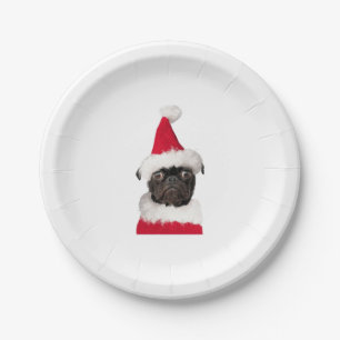 Cute Black Pug in Christmas Santa Hat   Paper Plates