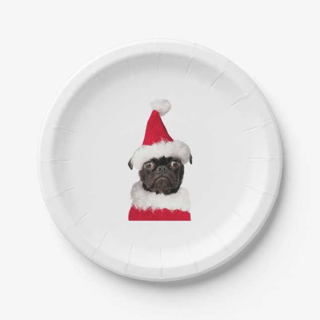 Cute Black Pug in Christmas Santa Hat   Paper Plates (Front)