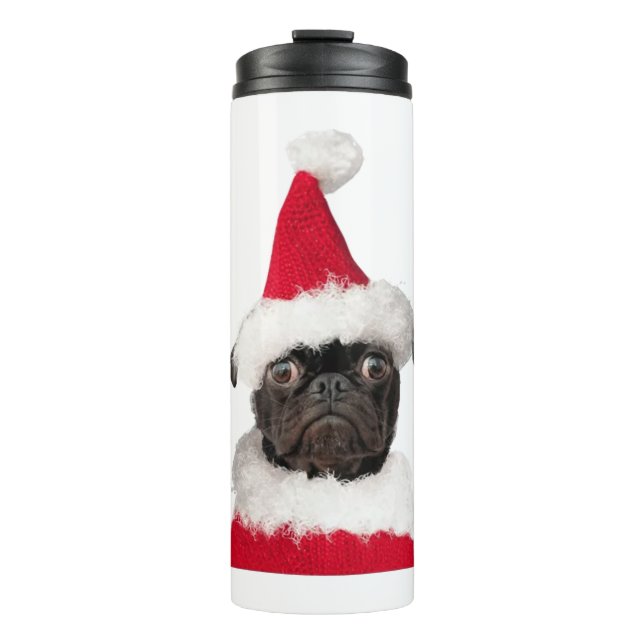 Cute Black Pug in Christmas Santa Hat   Thermal Tumbler (Front)