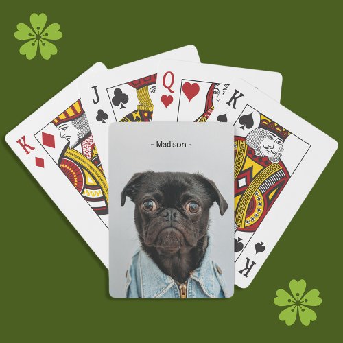 Cute Black Pug in Denim Jacket Monogram Poker Cards