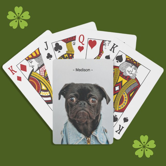 Cute Black Pug in Denim Jacket Monogram Poker Cards (Creator Uploaded)