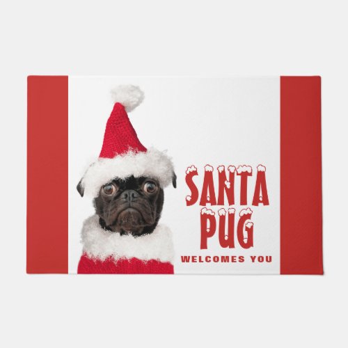 Cute Black Pug in Santa Hat Christmas Doormat