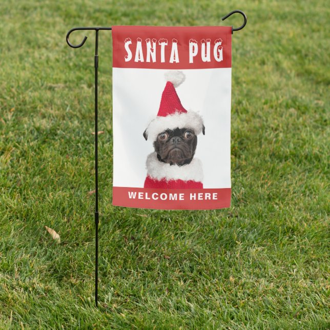 Cute Black Pug in Santa Hat Christmas Garden Flag (In SItu)