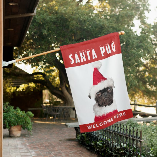 Cute Black Pug in Santa Hat Christmas House Flag (In SItu)