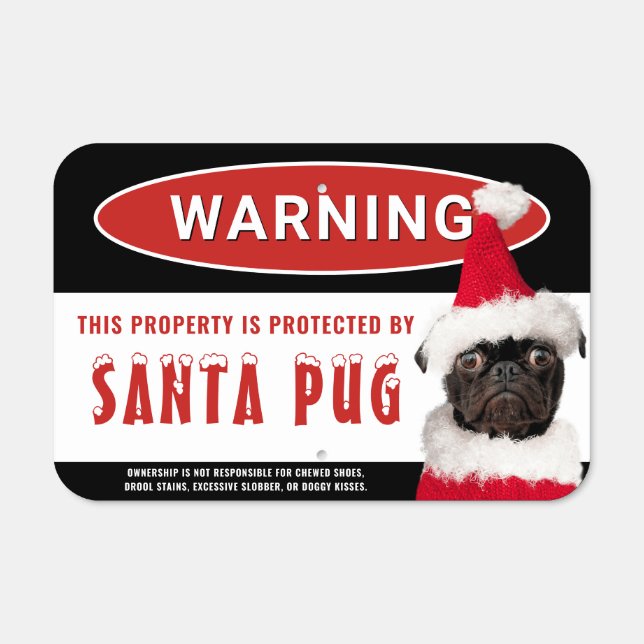 Cute Black Pug in Santa Hat Christmas Metal Sign (Front)