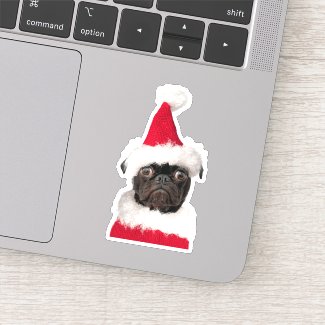 Cute Black Pug in Santa Hat Sticker