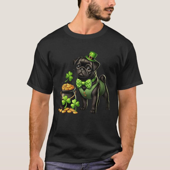 Cute Black Pug Leprechaun St Patricks Day Shamrock T-Shirt (Front)