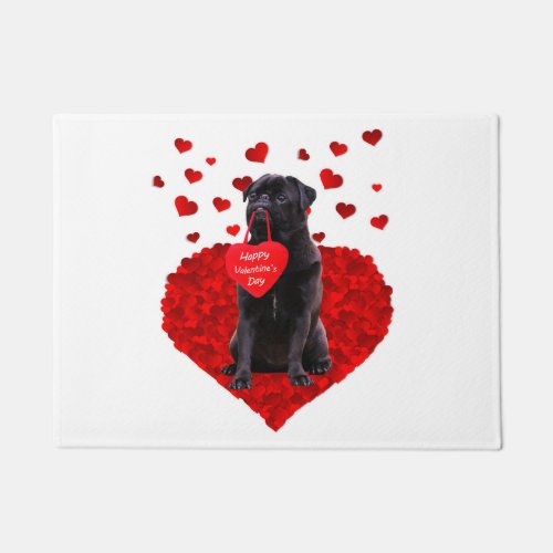 Cute Black Pug wishing Happy Valentines day Doormat