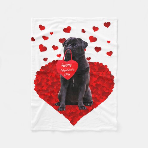 Cute Black Pug wishing Happy Valentines day Fleece Blanket