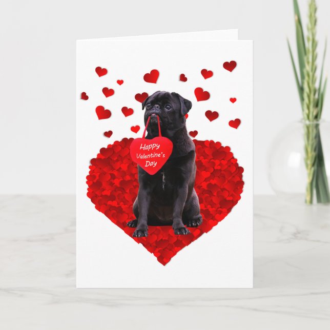Cute Black Pug wishing Happy Valentine's day Holiday Card (Front)