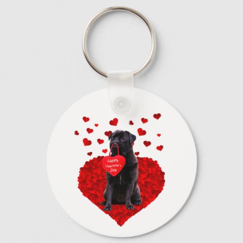 Cute Black Pug wishing Happy Valentines day Keychain