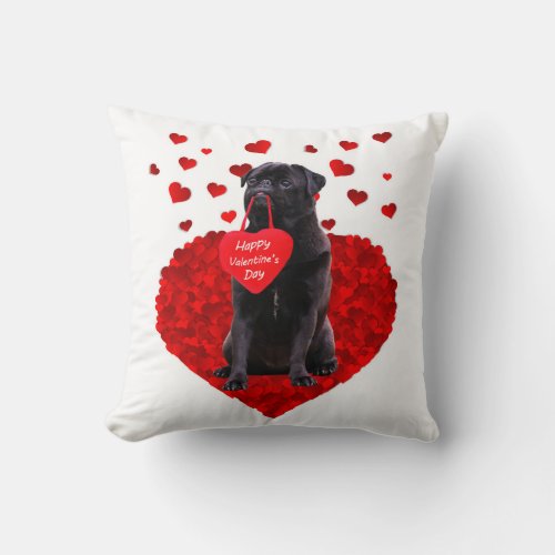 Cute Black Pug wishing Happy Valentines day Throw Pillow