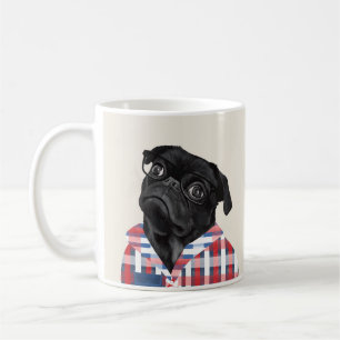Cute Black Pug with Glasses and Shirt Coffee Mug