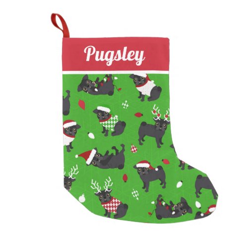 Cute Black Pugs Green Small Christmas Stocking