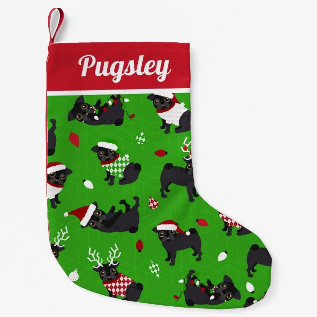 Cute Black Pugs Green Small Christmas Stocking (Front)