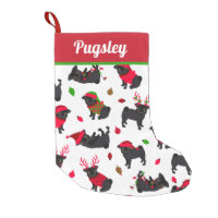 Cute Black Pugs White Small Christmas Stocking