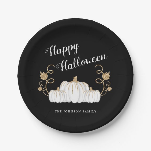 Cute Black Pumpkin Happy Halloween  Paper Plates (Front)