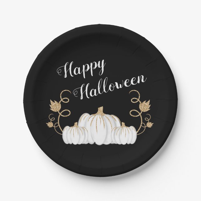 Cute Black Pumpkin Happy Halloween Paper Plates (Front)