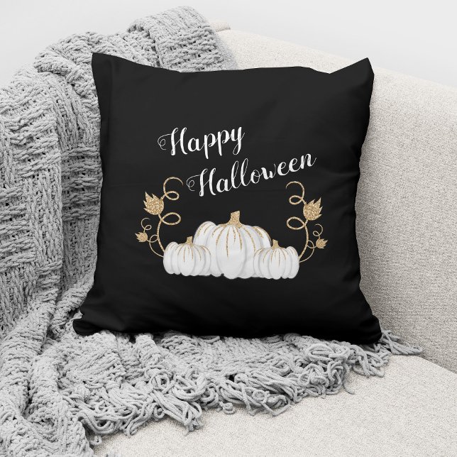 Cute Black Pumpkin Happy Halloween  Throw Pillow (Creator Uploaded)