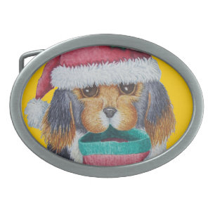 cute black puppy dressed for christmas belt buckle