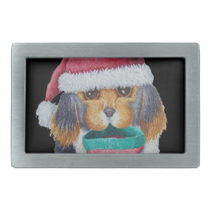 cute black puppy dressed for christmas rectangular belt buckle