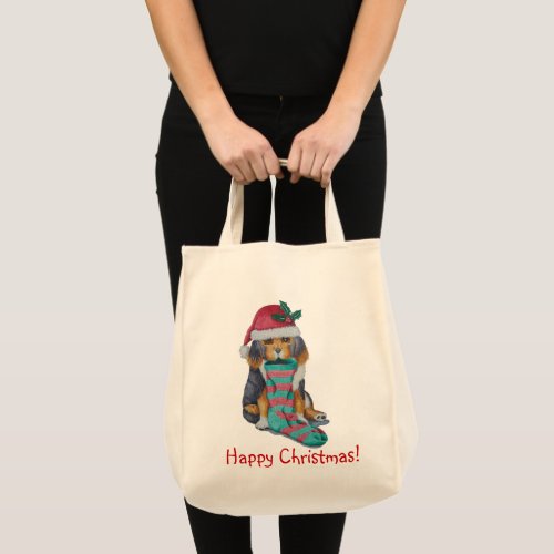 cute black puppy dressed for christmas tote bag