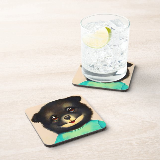Cute black puppy illustration beverage coaster (Right Side)
