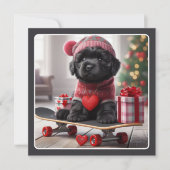 Cute Black Puppy on Skateboard Funny Valentine  Holiday Card (Front)