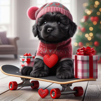 Cute Black Puppy On Skateboard Funny Valentine  Holiday Card by HolidayCreations at Zazzle