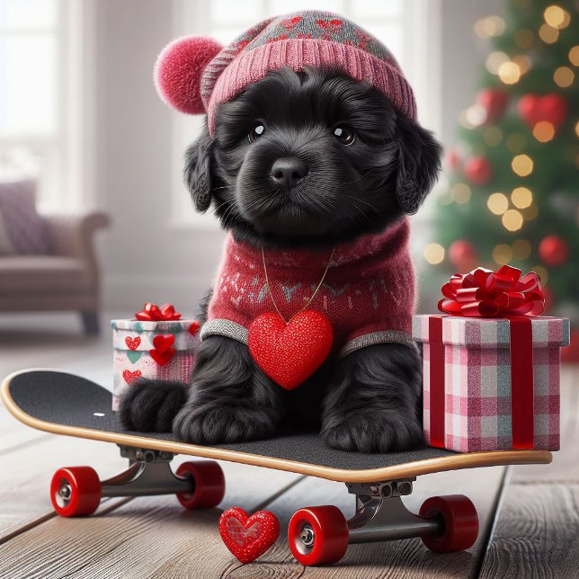 Cute Black Puppy on Skateboard Funny Valentine  Holiday Card