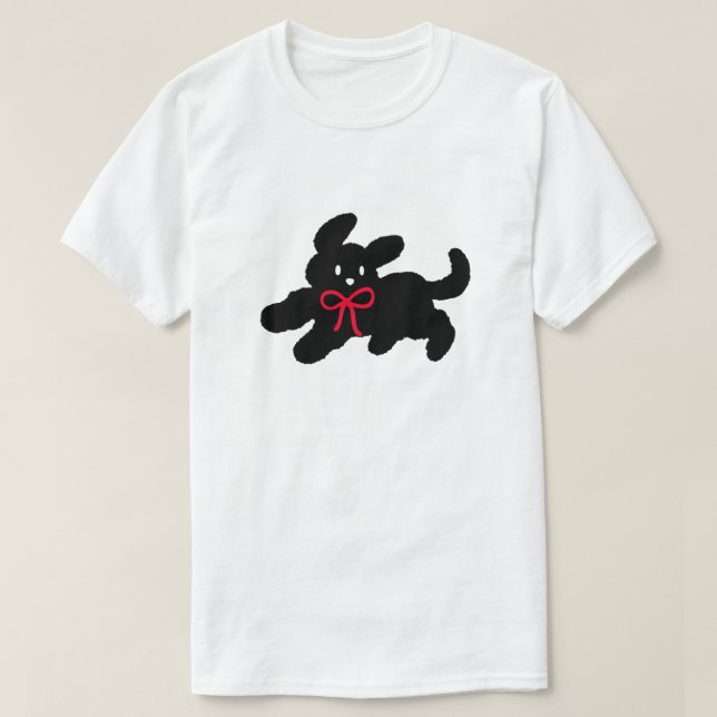 Cute Black Puppy with Red Bow Coquette Aesthetic T-Shirt (Design Front)