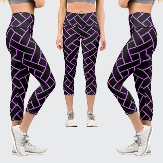 Cute, Black, Purple Striped Abstract Pattern Capri Leggings (Creator Uploaded)