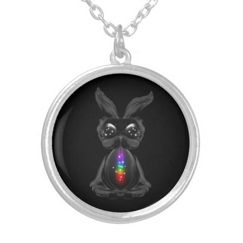 Cute Black Rabbit with Chakra Rainbow Soul Silver Plated Necklace