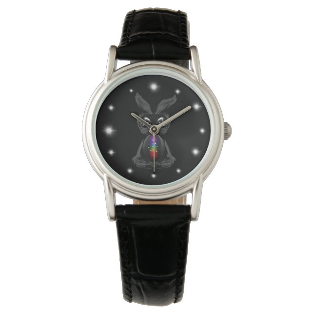 Cute Black Rabbit with Chakra Rainbow Soul Watch (Front)