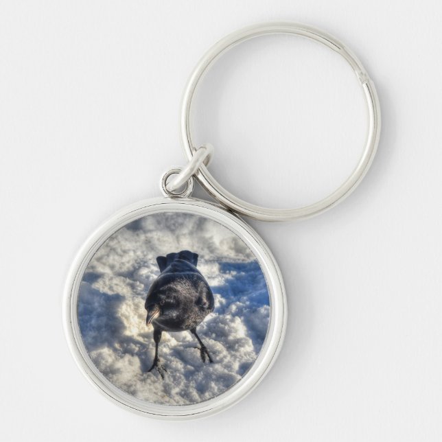 Cute Black Raven in the Snow Photo Keychain (Front)