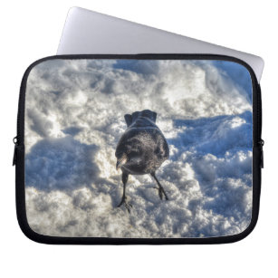 Cute Black Raven in the Snow Photo Laptop Sleeve