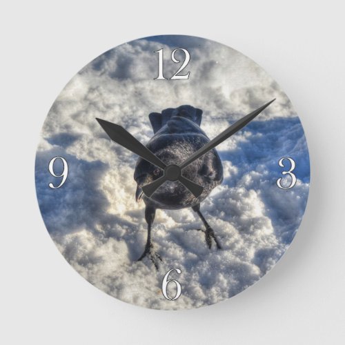Cute Black Raven in the Snow Photo Round Clock