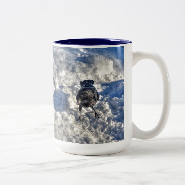 Cute Black Raven in the Snow Photo Two-Tone Coffee Mug (Right)