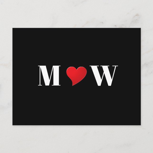 Cute black red heart couple initials monogram holiday postcard (Front)