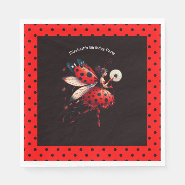 Cute Black & Red Ladybug Fairy Birthday Party  Napkins (Front)