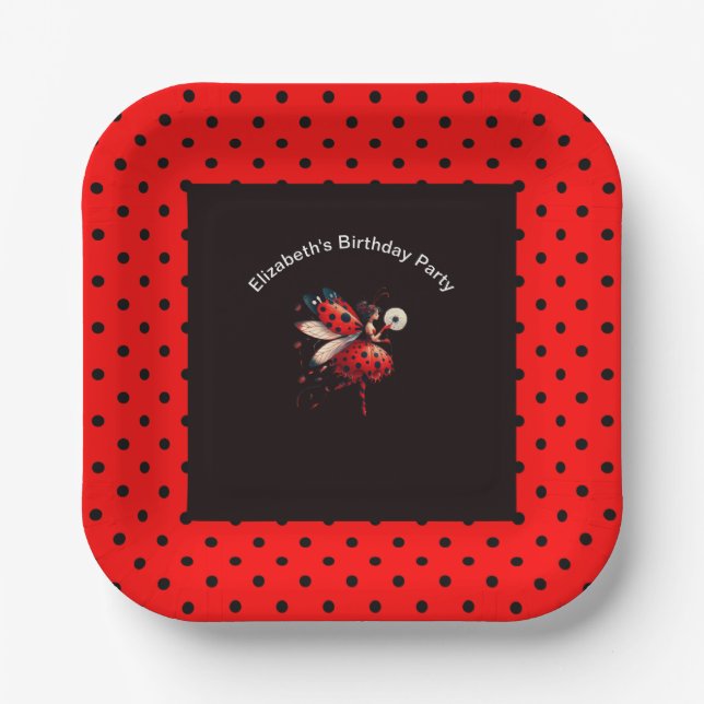 Cute Black & Red Ladybug Fairy Birthday Party  Paper Plates (Front)