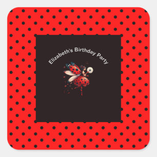 Cute Black & Red Ladybug Fairy Birthday Party Square Sticker